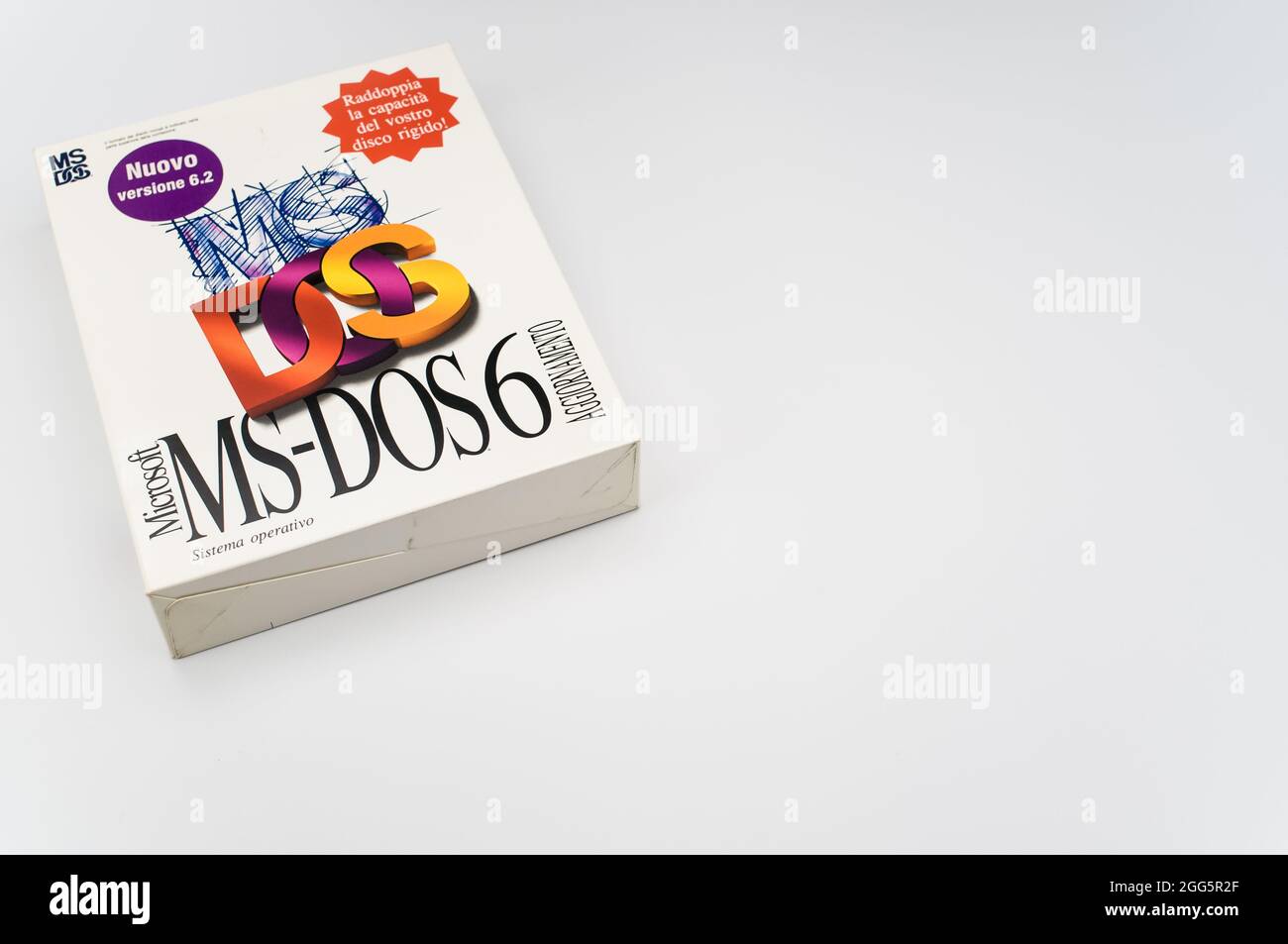 MS DOS personal computer operating system box by Microsoft on a white background with text space Stock Photo