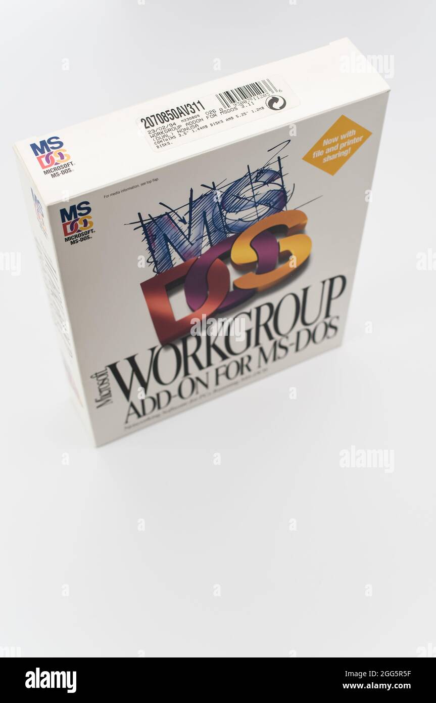 MS DOS personal computer operating system box by Microsoft on a white background with text space Stock Photo