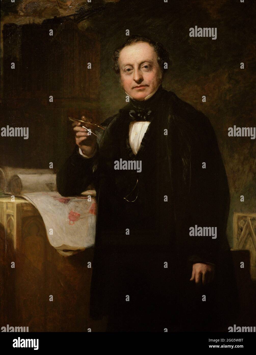 Charles Barry (1795-1860). English architect, famous for his participation in the rebuilding of the Palace of Westminster. Portrait showing Barry with a pair of compasses in his hand, along with architectural plans for the new Houses of Parliament, under construction, in the background. By John Prescott Knight (1803-1881), ca.1851. National Portrait Gallery. London, England, United Kingdom. Stock Photo