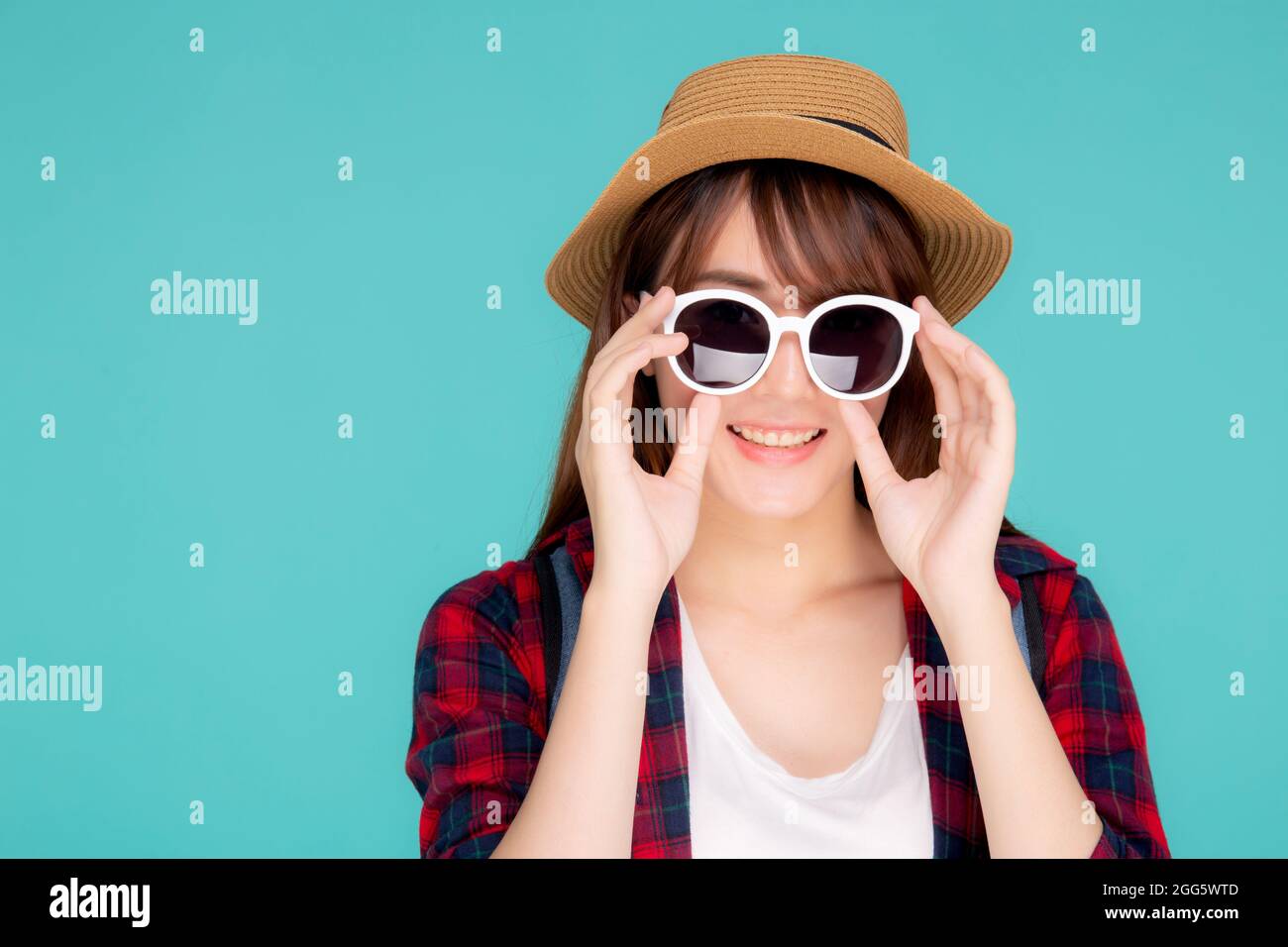 Beautiful portrait young asian woman wear hat and holding sunglasses ...
