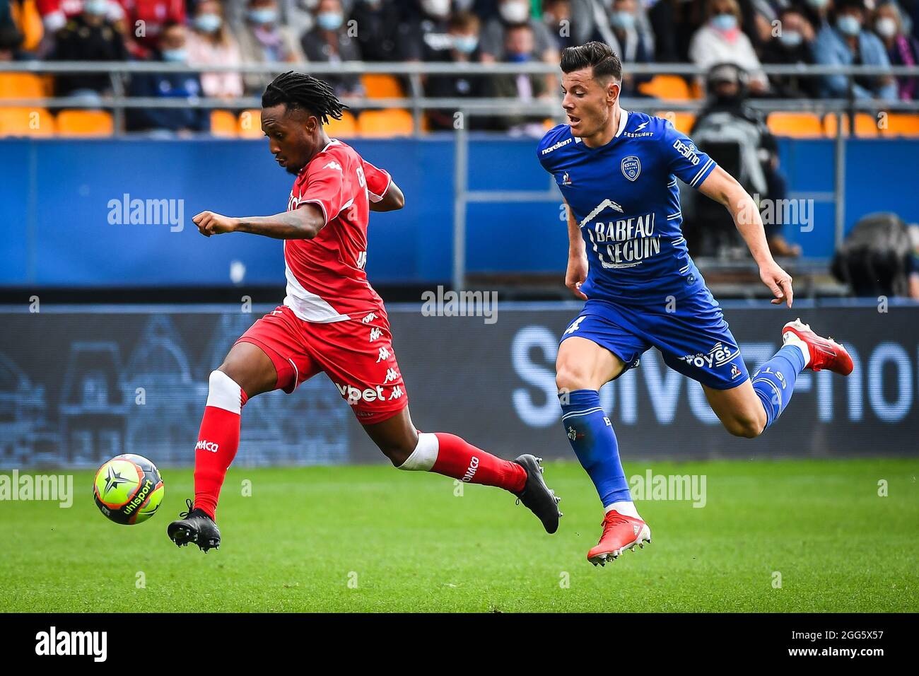 Gelson MARTINS of Monaco and Giulian BIANCONE of ESTAC Troyes during the  French championship Ligue 1 football match between ESTAC Troyes and AS  Monaco on August 29, 2021 at Stade de L'Aube