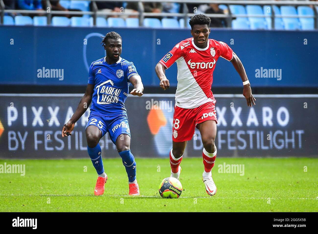 Mama BALDE of ESTAC Troyes and Aurelien TCHOUAMENI of Monaco during the  French championship Ligue 1 football match between ESTAC Troyes and AS  Monaco on August 29, 2021 at Stade de L'Aube