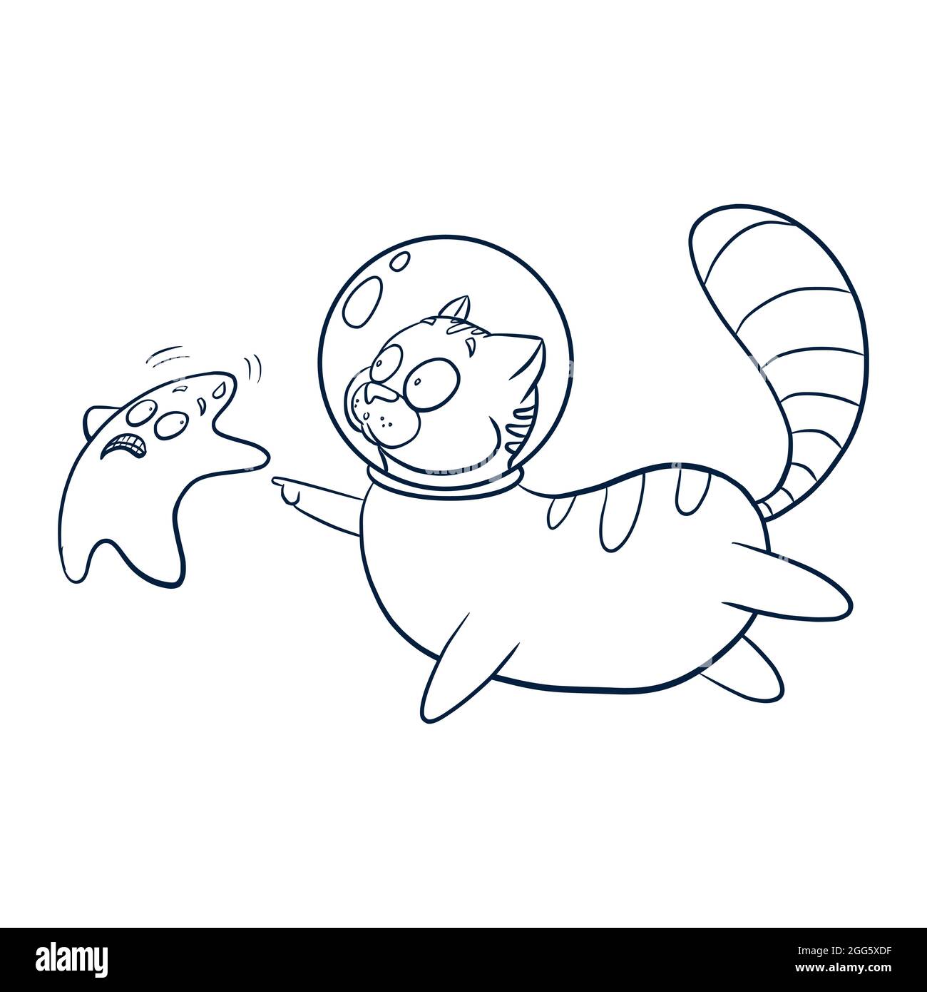 Cat Cosmonaut and Star Illustration. Line Art animal astronaut touching star sketch for logo, coloring book and nursery decor, kids graphic tees, prints and stickers Stock Vector