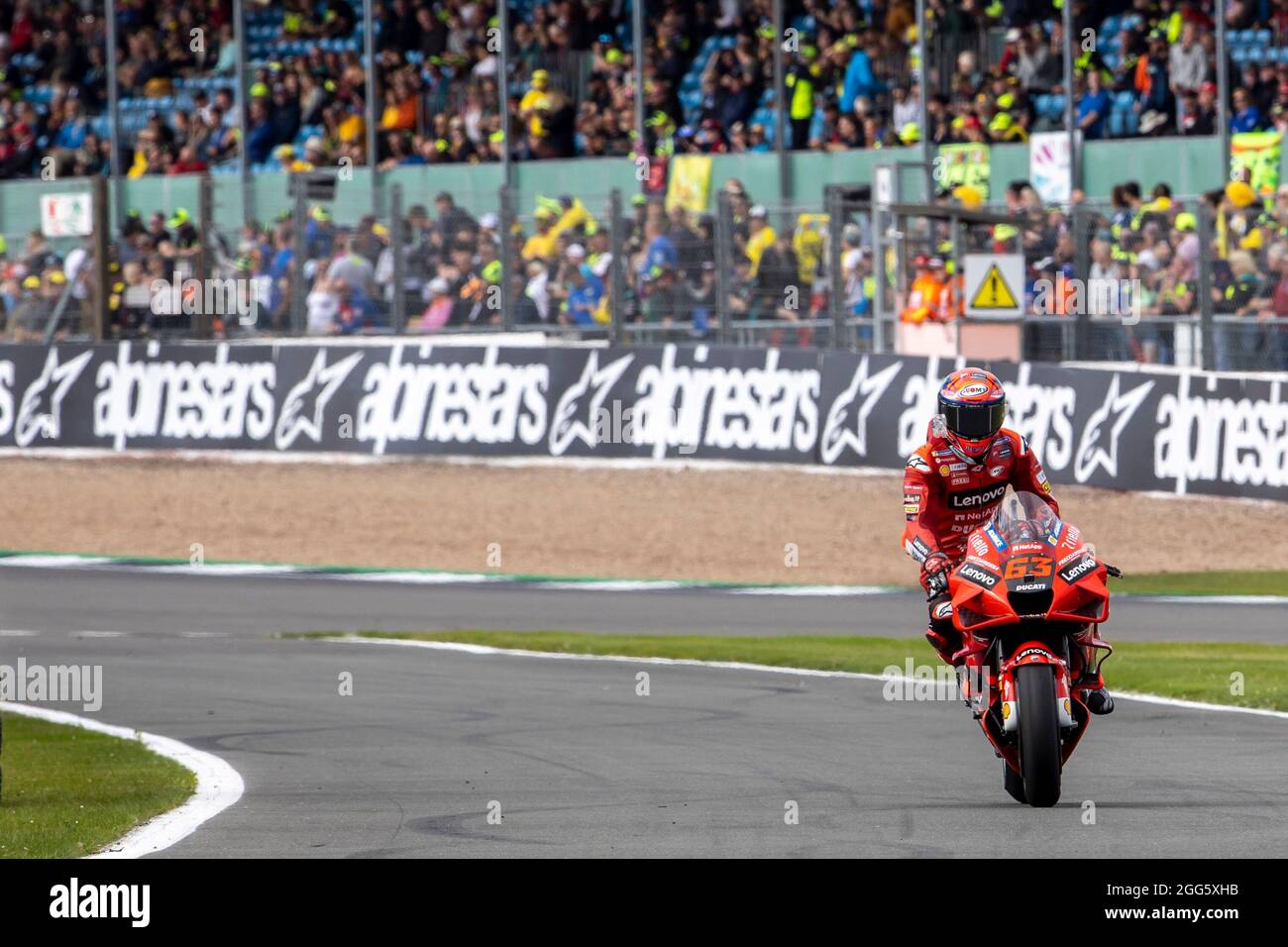 Silverstone Circuit, Silverstone, Northamptonshire, UK. 29th Aug, 2021. MotoGP British Grand Prix, Race Day; Ducati Lenovo Team rider Francesco Bagnaia on his Ducati Desmosedici GP21 during the warm up Credit: Action Plus Sports/Alamy Live News Stock Photo