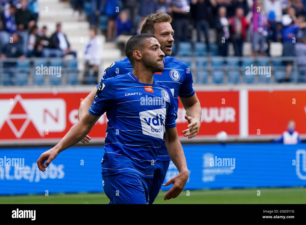 Gent Belgium August 29 Tarik Tissoudali Of Kaa Gent Celebrate First Kaa Gent Goal Of The Afternoon During The Jupiler Pro League Match Between Kaa Gent And Club Brugge At Ghelamco