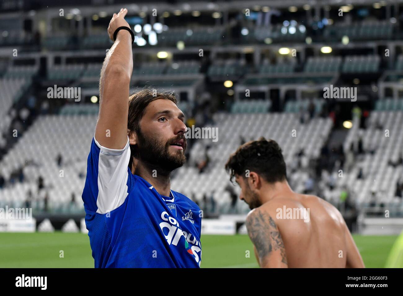 Leonardo Mancuso of Empoli FC celebrates the victory at the end of the Serie  A 2021/2022 football match between Juventus FC and Empoli Calcio at Allianz  stadium in Torino (Italy), August 28th,
