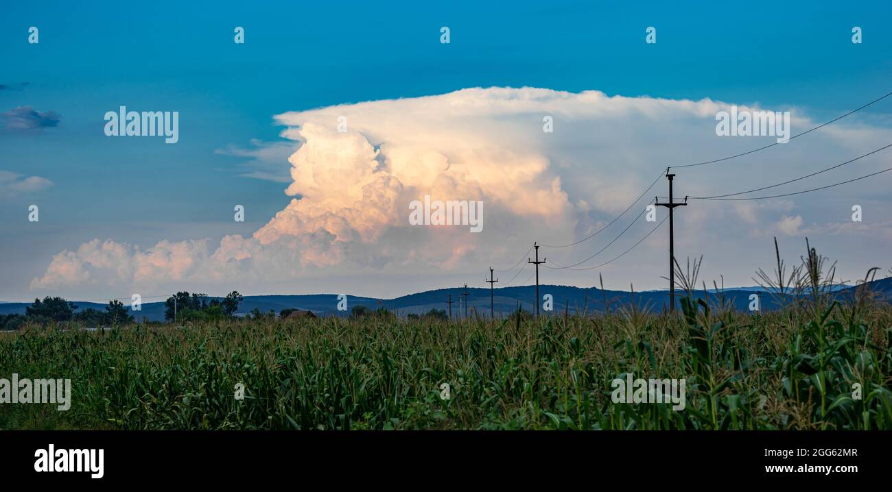 Majestic Cumulonimbus storm cloud over the foothills of the Carpathian Mountains at dusk Stock Photo