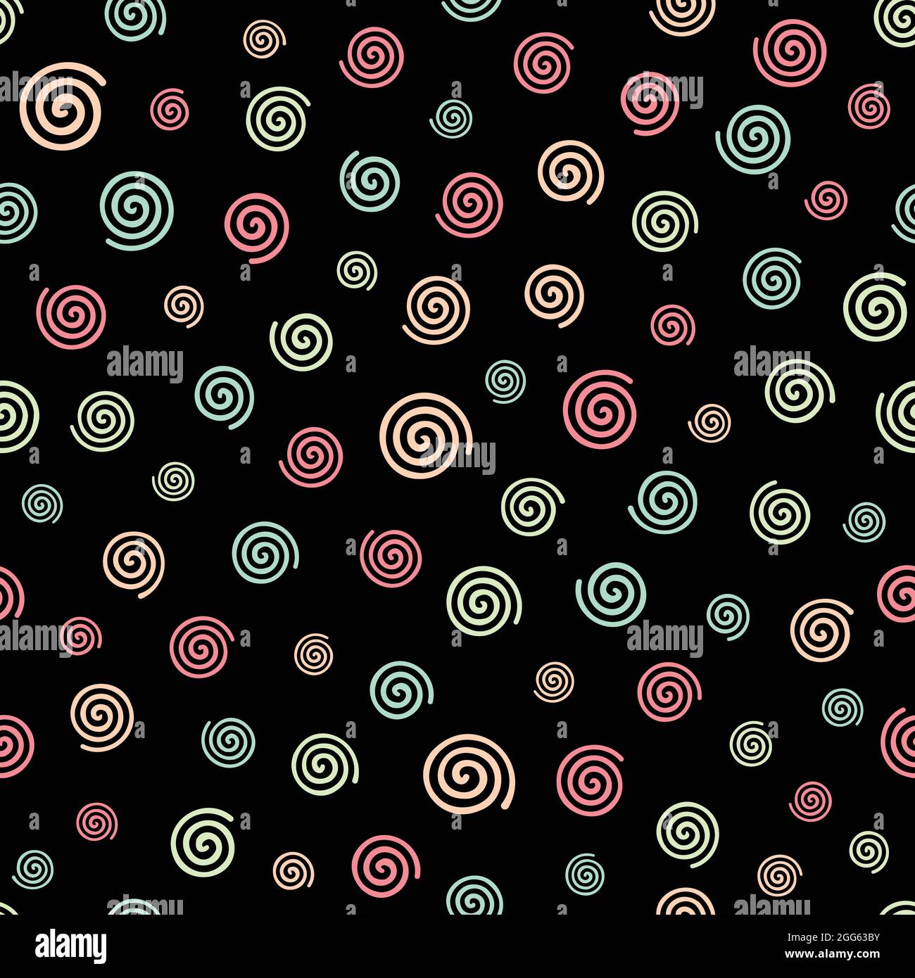 Abstract colorful spiral mofit on black background seamless pattern Stock Vector