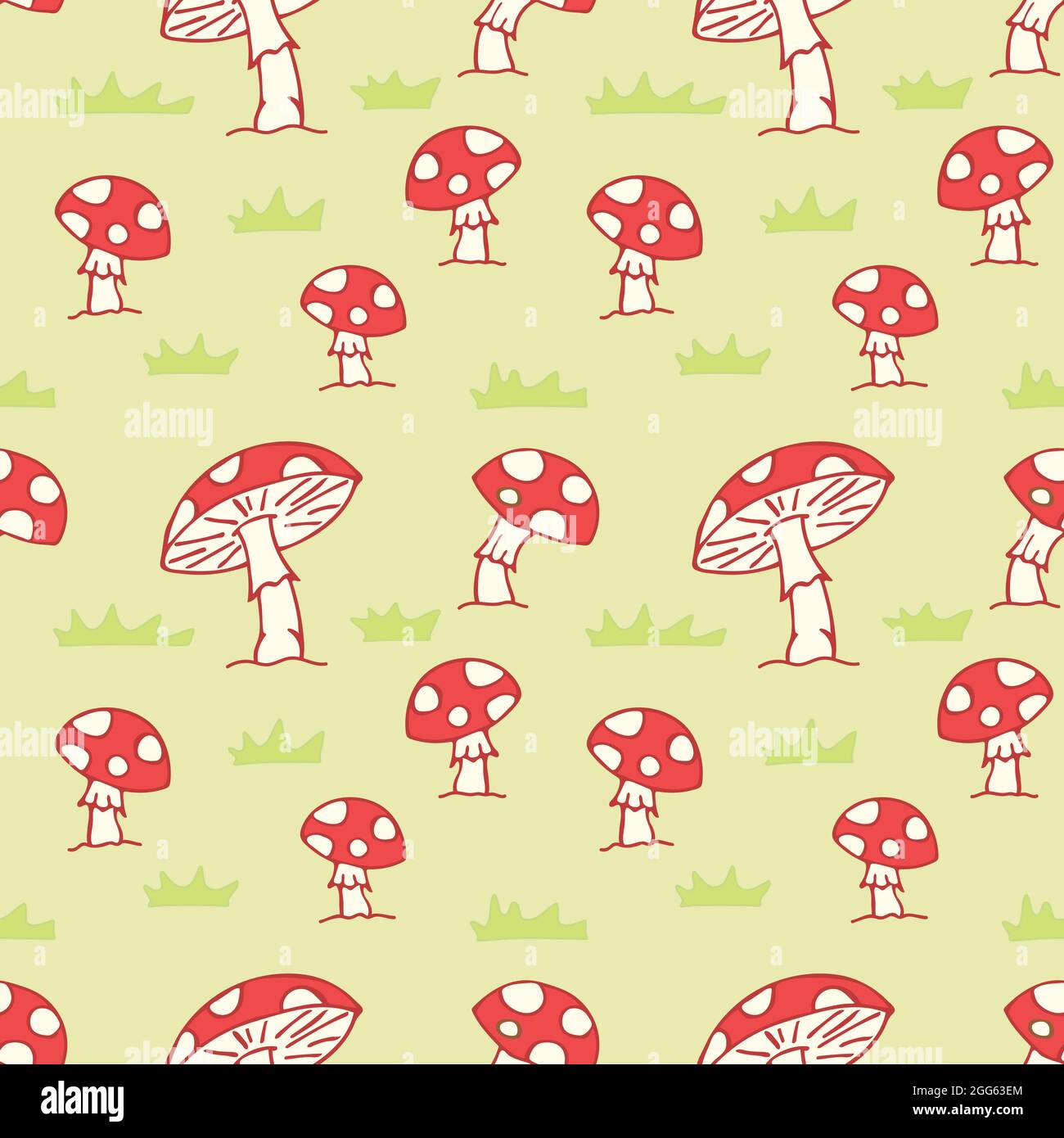 Red mushroom fly amanita in the grass field seamless pattern fungi background Stock Vector