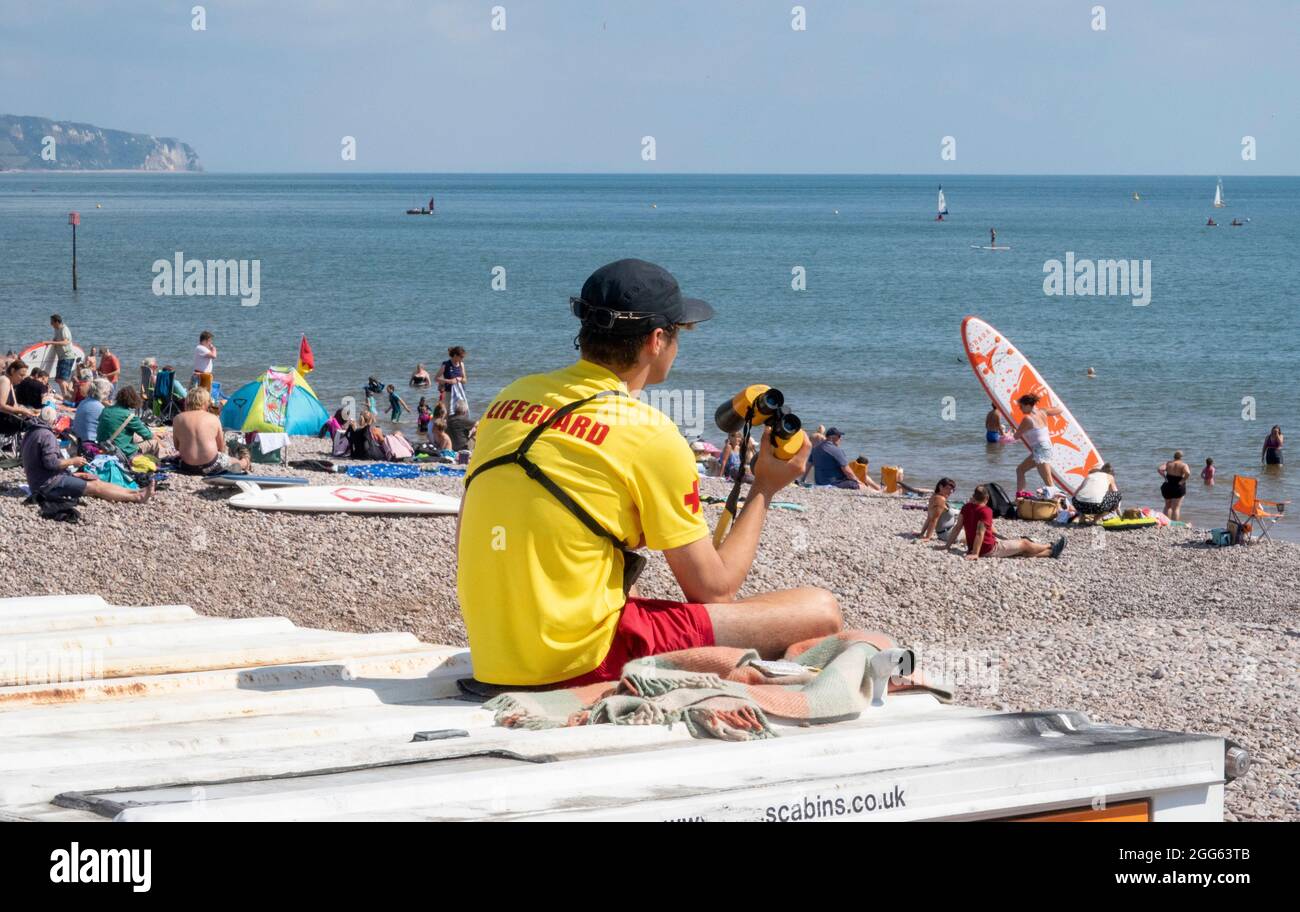 A lifeguard on lookout above the beach at Sidmouth, Devon, UK. Stock Photo