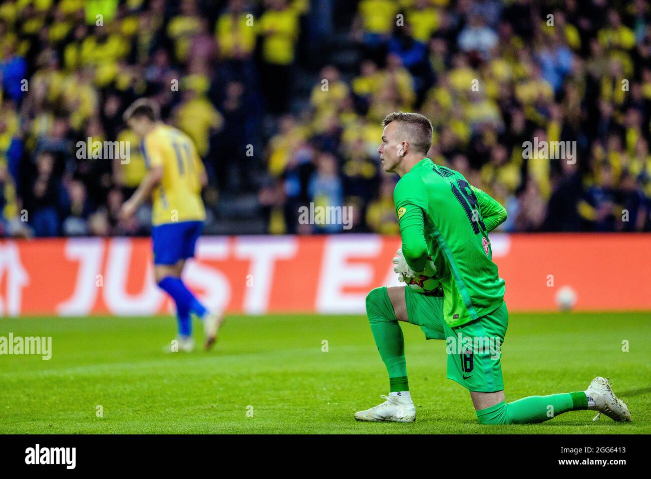 Broendby, Denmark. 25th, August 2021. Goalkeeper Philipp Köhn (18) of FC Red Bull Salzburg seen during the UEFA Champions League qualification match between Broendby IF and FC Red Bull Salzburg at Broendby Stadion in Broendby. (Photo credit: Gonzales Photo - Robert Hendel). Stock Photo