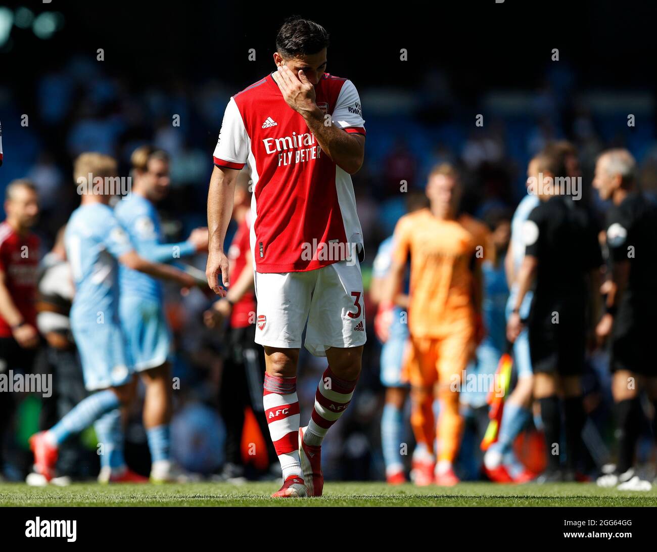 Manchester, England, 28th August 2021.  Sead Kolasinac of Arsenal reacts after the Premier League match at the Etihad Stadium, Manchester. Picture credit should read: Darren Staples / Sportimage Stock Photo