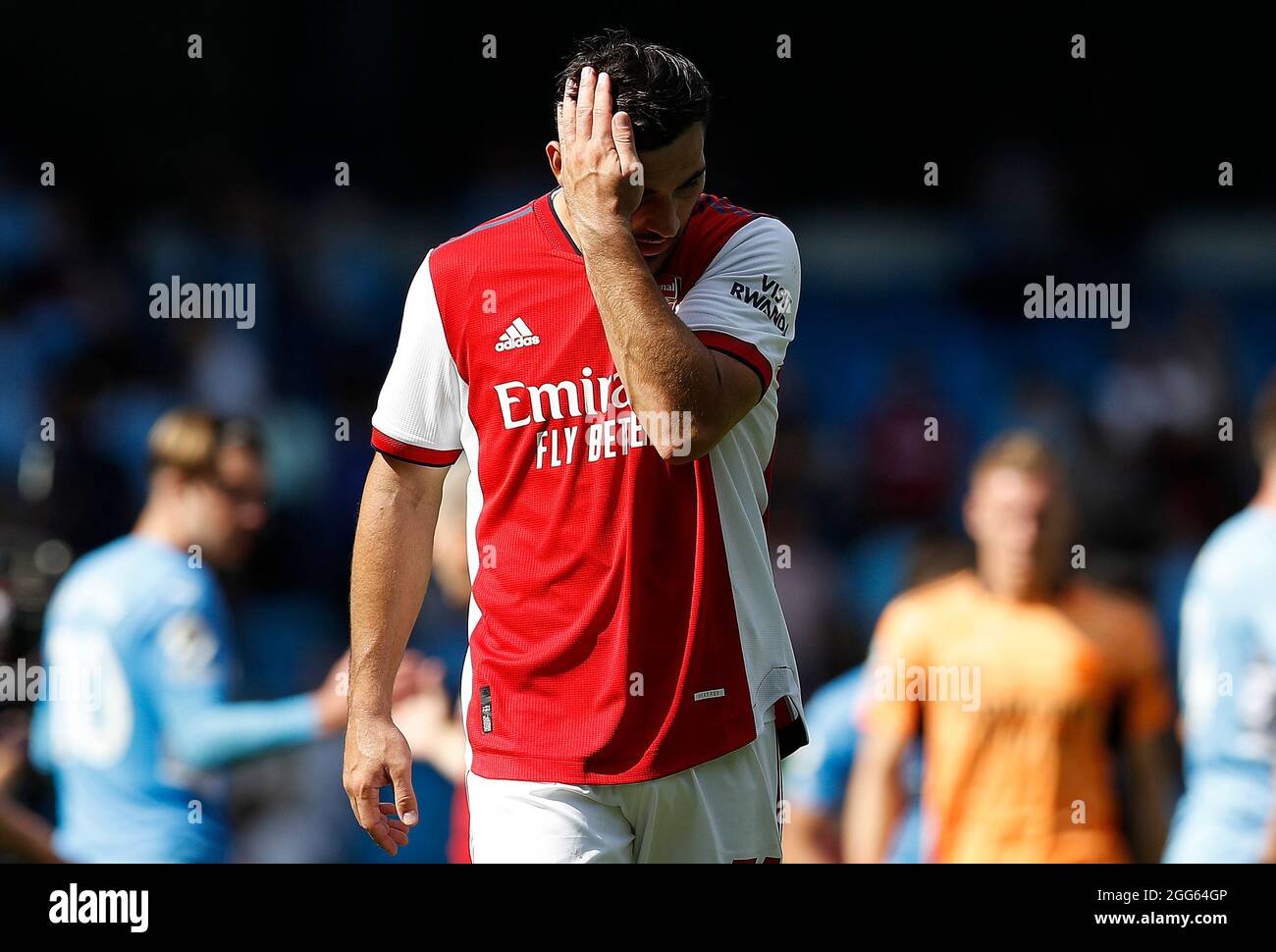 Manchester, England, 28th August 2021.  Sead Kolasinac of Arsenal reacts after the Premier League match at the Etihad Stadium, Manchester. Picture credit should read: Darren Staples / Sportimage Stock Photo