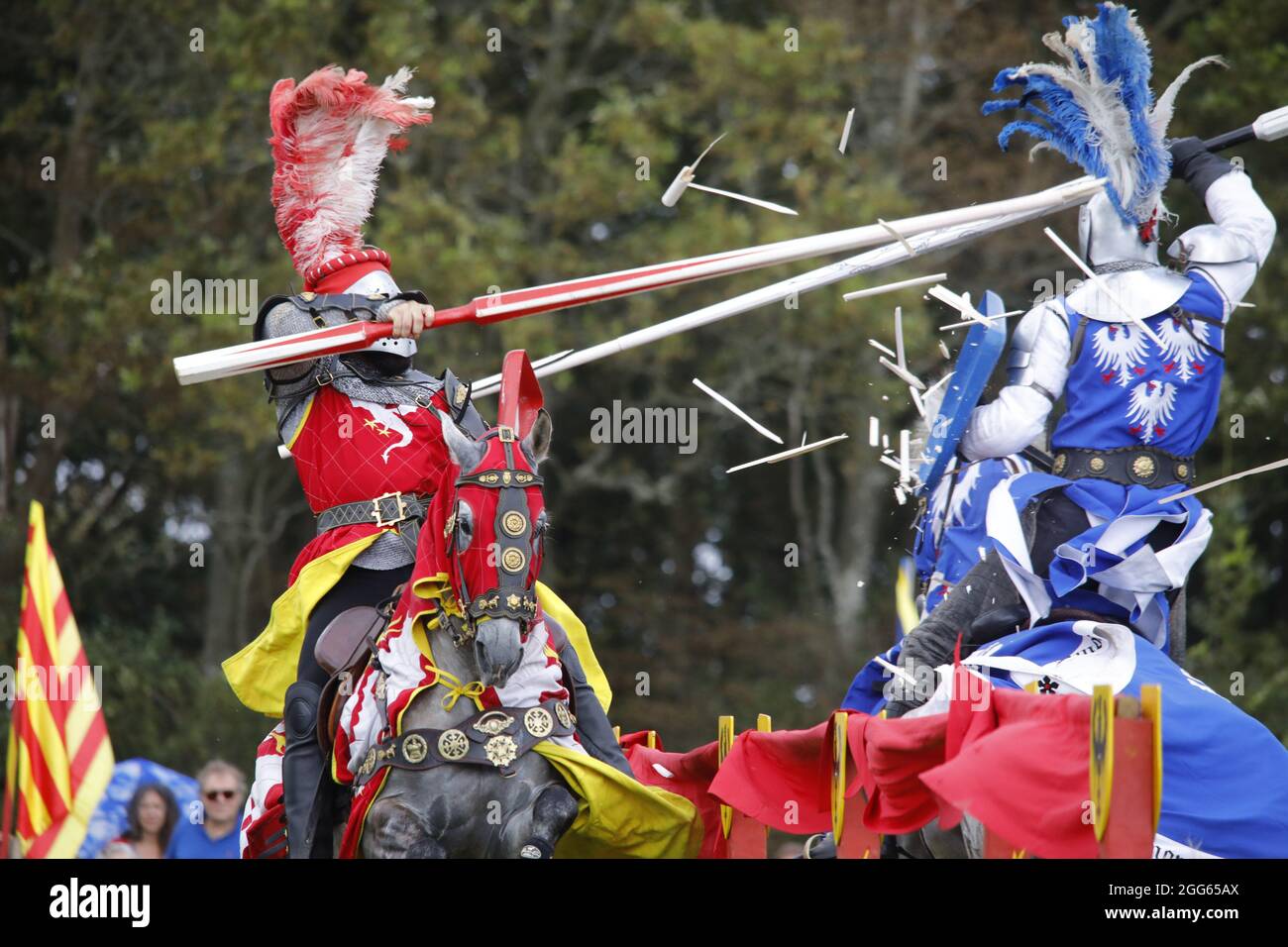 Herstmonceux,UK. 29th Aug 2021.  England's medieval festival continues today with a Knights tournament and jousting from the spectacular Pferdestunt company.The festival runs over the bank holiday weekend & attracts thousands of visitors interested in everything medieval. Credit: Ed Brown/Alamy Live News Stock Photo