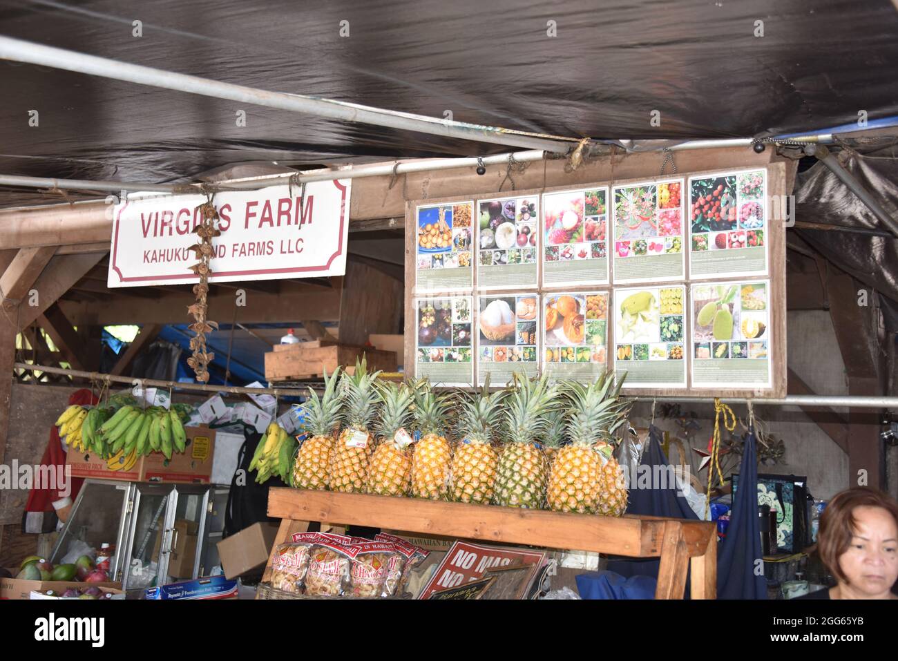 Oahu, HI. U.S.A. 6/4/2021. Kahuku Land Farms, Rick’s Brand and Aunty’s