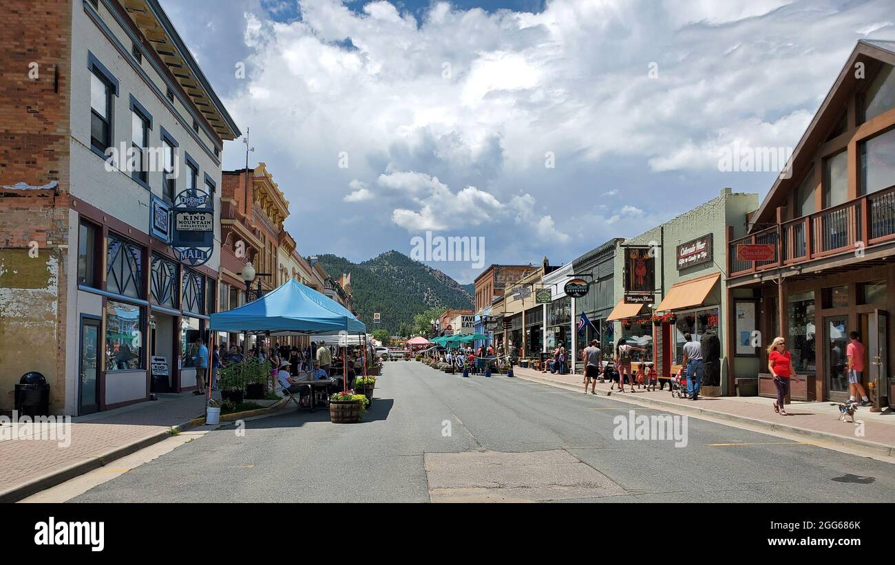 Idaho Springs, Colorado - July 30, 2021 - Street scene of main commercial area on sunny summer afternoon. Stock Photo