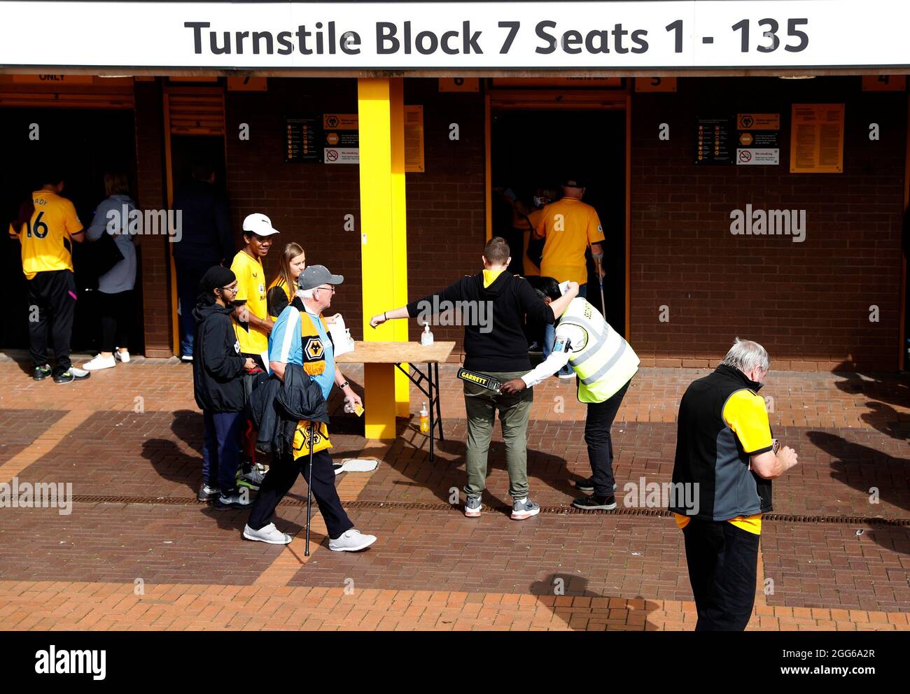 Wolverhampton, UK. 29th Aug, 2021. Fans undergo security checks before the Premier League match at Molineux, Wolverhampton. Picture credit should read: Darren Staples/Sportimage Credit: Sportimage/Alamy Live News Credit: Sportimage/Alamy Live News Stock Photo