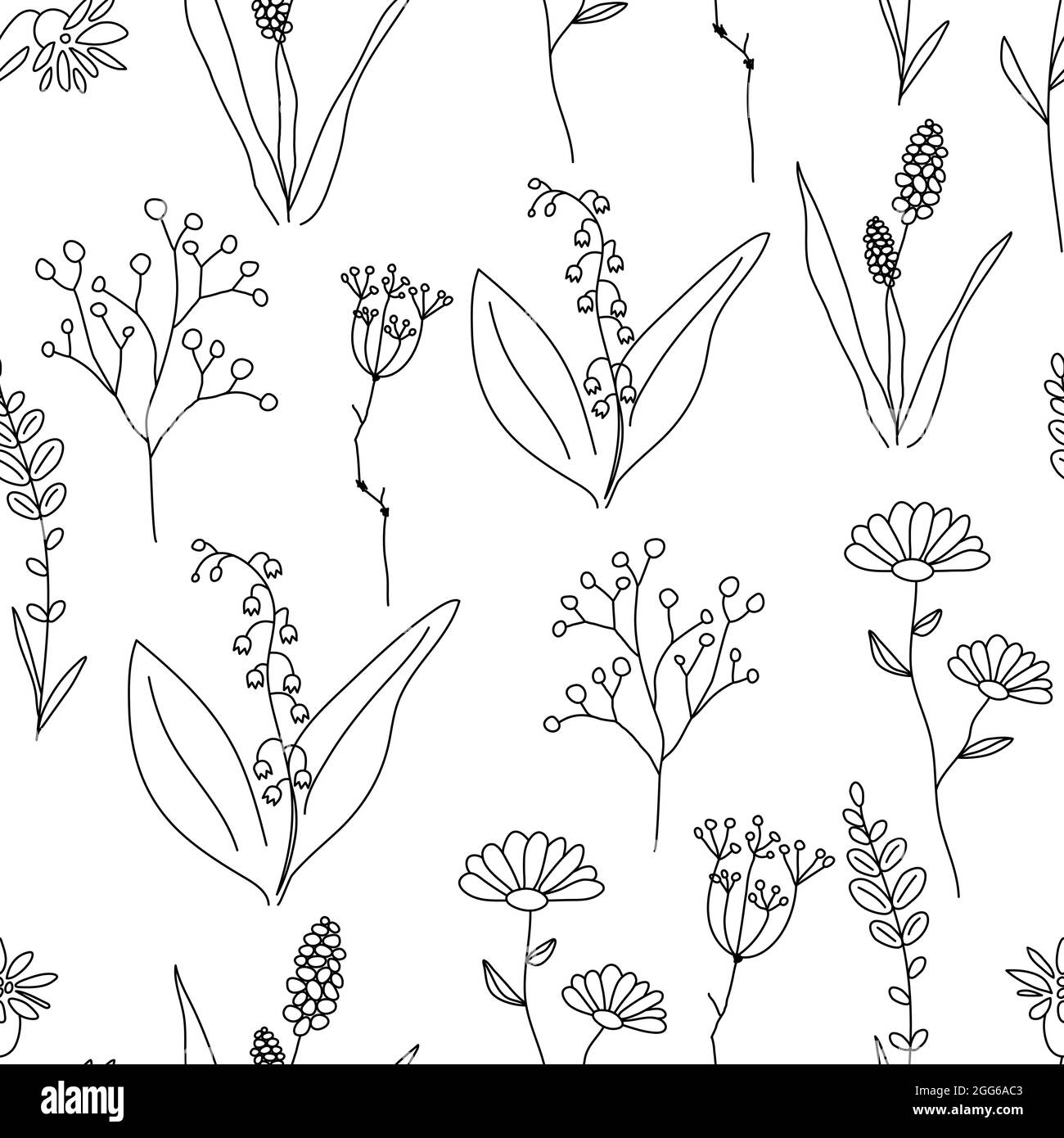 Seamless pattern with wildflowers drawn in thin line. Floral summer vintage print for fabric, textile or wallpaper. Background with outline flowers. V Stock Vector