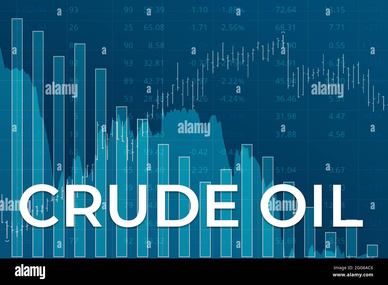 Price change on Crude Oil futures in world on blue financial background from columns, graphs, charts, pillars, bars. Trend Up and Down, Flat. Derivati Stock Photo