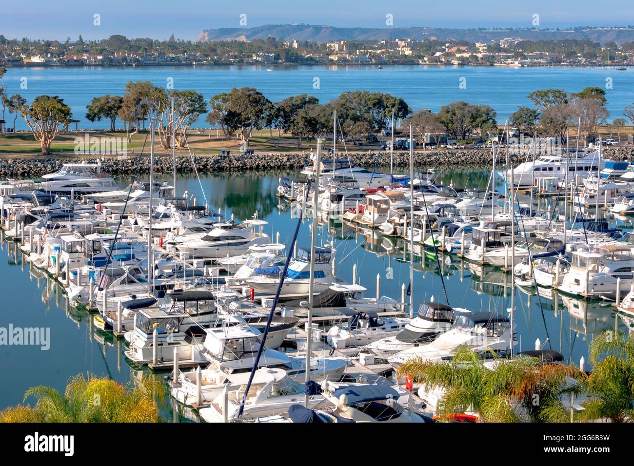 Aerial view of inner harbor, boat marina, San Diego Bay and, beyond Point Loma. Stock Photo