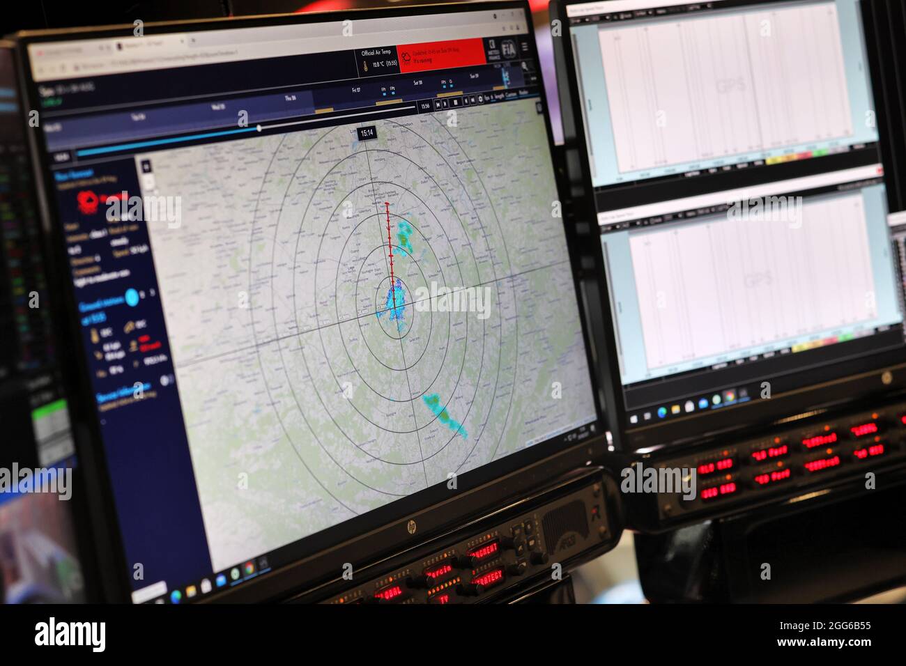Alpine F1 Team - weather radar in the pits as the race is suspended.  Belgian Grand Prix, Sunday 29th August 2021. Spa-Francorchamps, Belgium  Stock Photo - Alamy