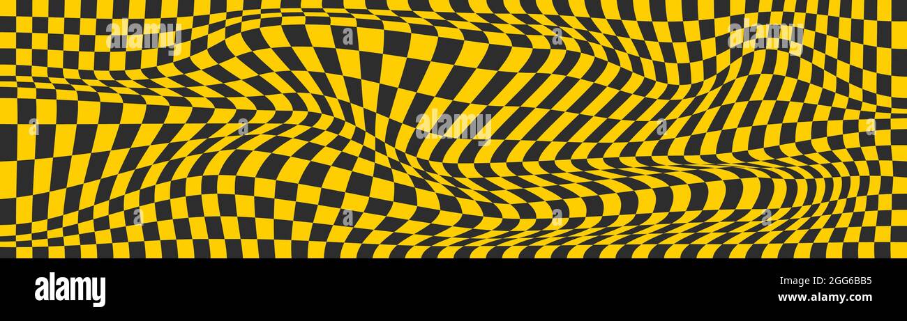 Checkered background with distorted squares. Abstract banner with distortion. Chess pattern. Chessboard surface. Stock Vector