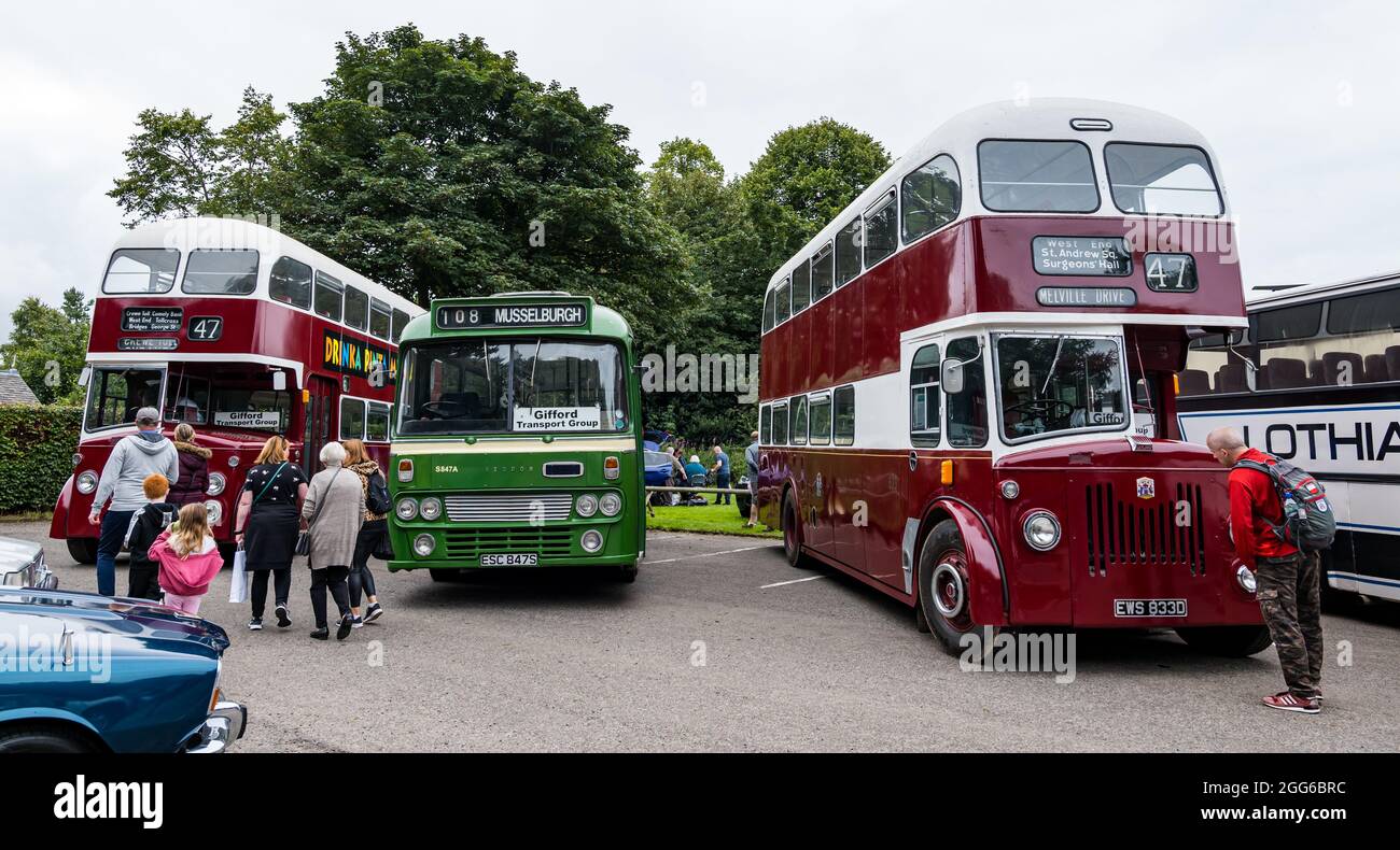 Newhailes, Musselburgh, East Lothian, Scotland, UK, 29th August 2021. Class car rally: an outdoor event takes place called Carhailes, with vintage buses on display Stock Photo