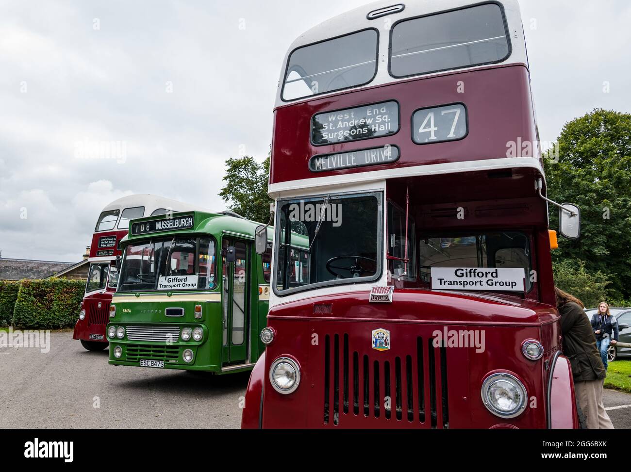 Newhailes, Musselburgh, East Lothian, Scotland, UK, 29th August 2021. Class car rally: an outdoor event takes place called Carhailes, with vintage buses on display Stock Photo