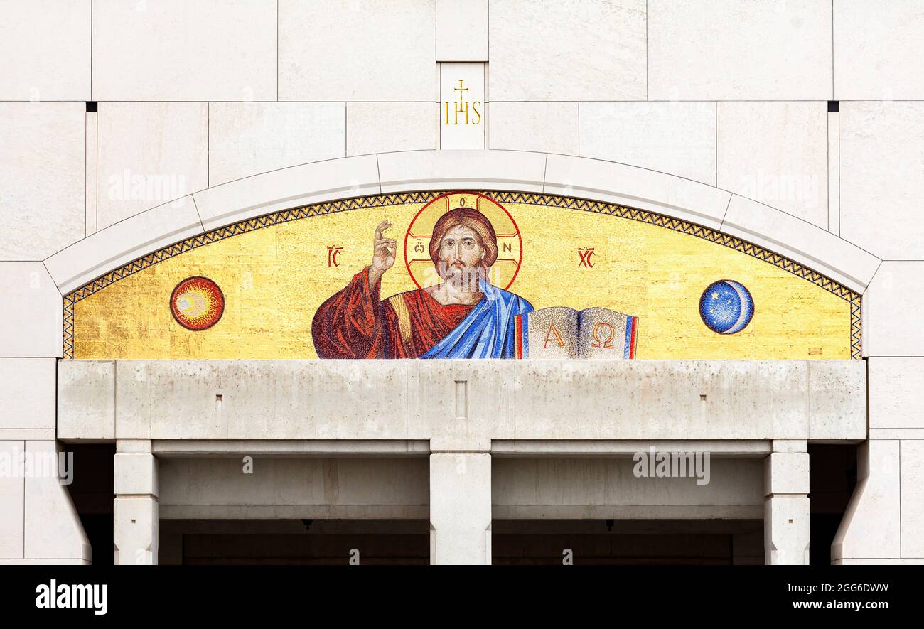 St. John Paul II Sanctuary in Krakow, Łagiewniki, Poland - Jesus Christ portrayal portal mosaic art, Alpha and Omega, christianity, catholic church sy Stock Photo