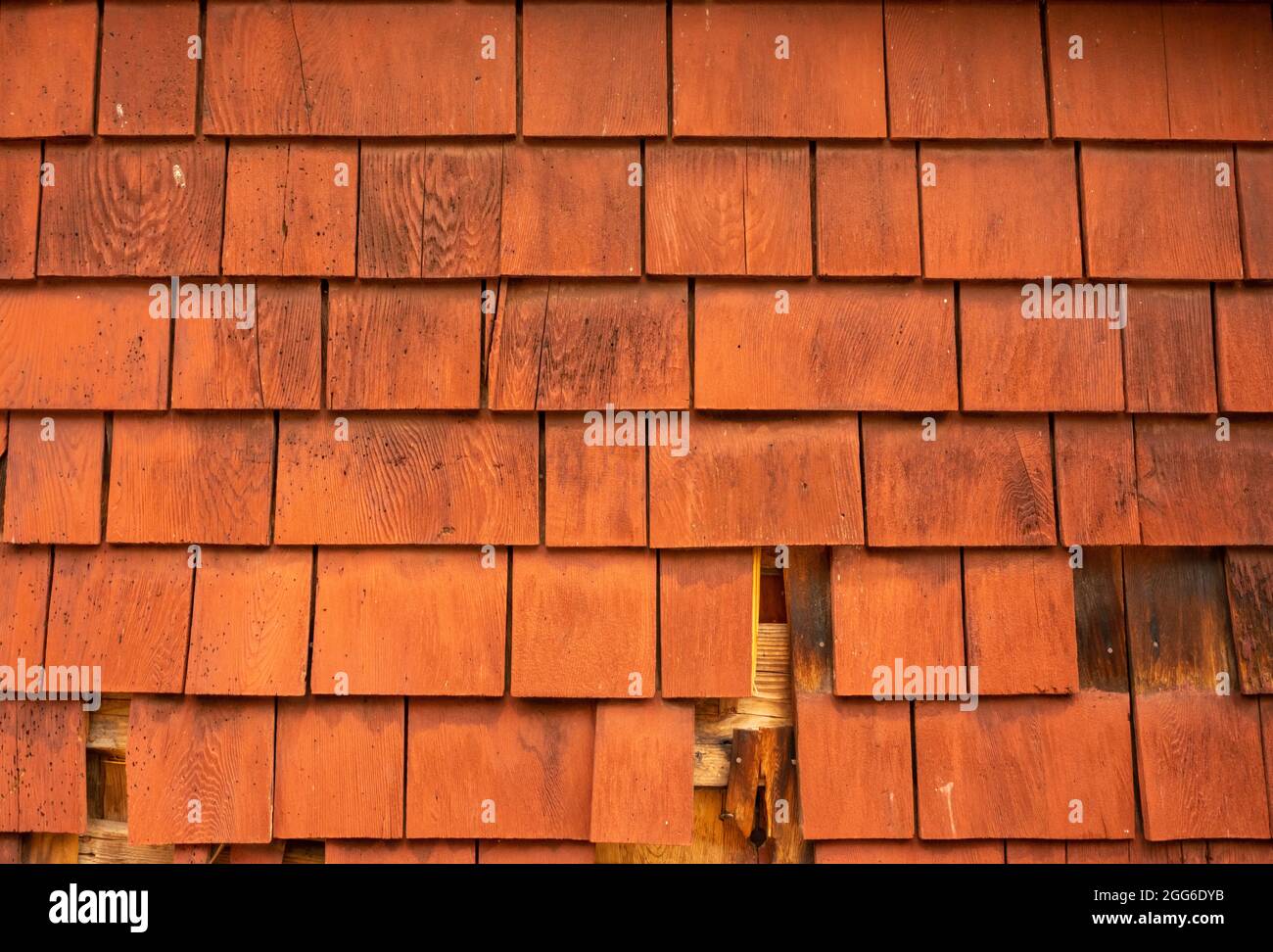 Damaged Red Shingles Texture Horizontal Background Image Stock Photo