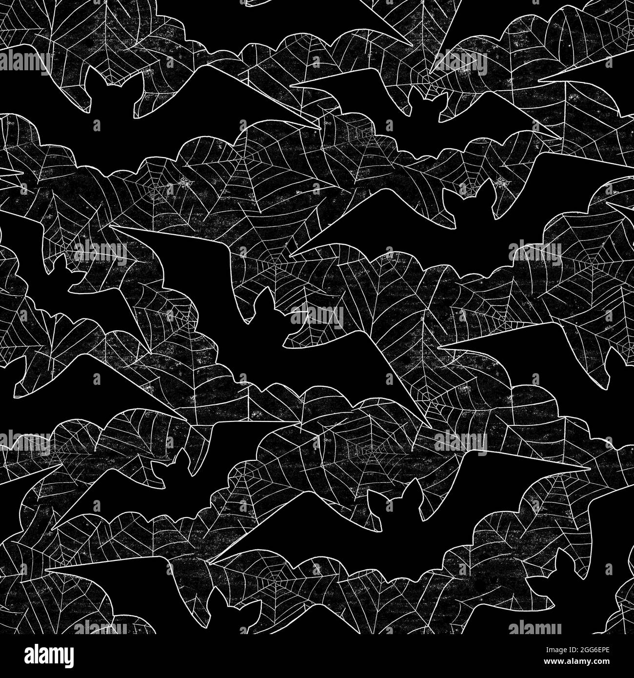 Halloween grunge seamless pattern with white line silhouettes of flying ...
