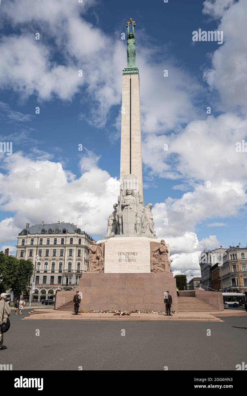 Riga, Latvia. 22 August 2021.   view of the 42m statue dedicated to Latvians who lost their lives fighting for independence between 1918 & 1920. Stock Photo