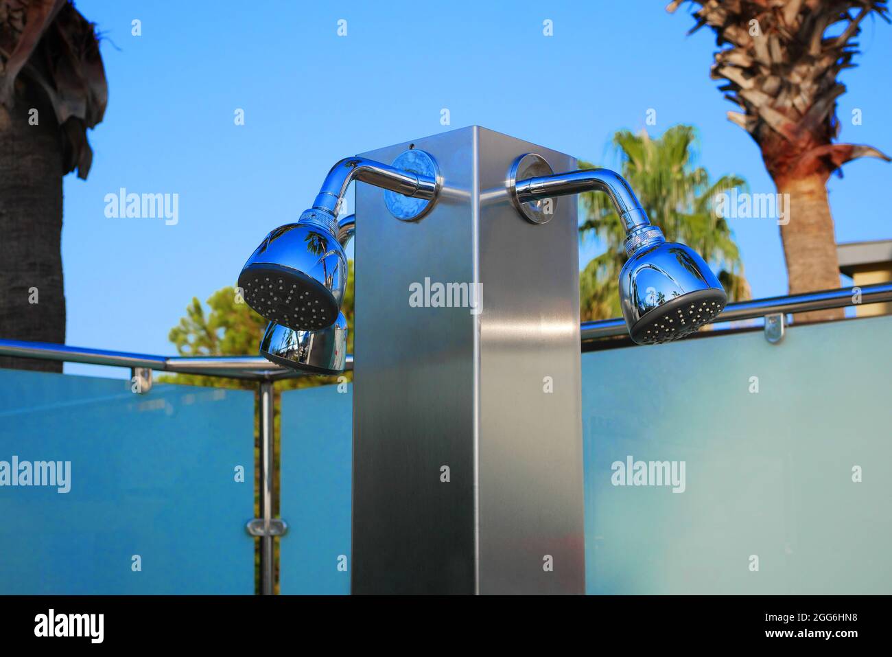 Closeup of outdoor shower heads. Outdoor poolside shower column Stock