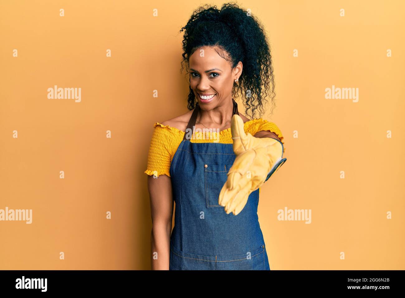 Middle age african american woman wearing professional apron smiling ...