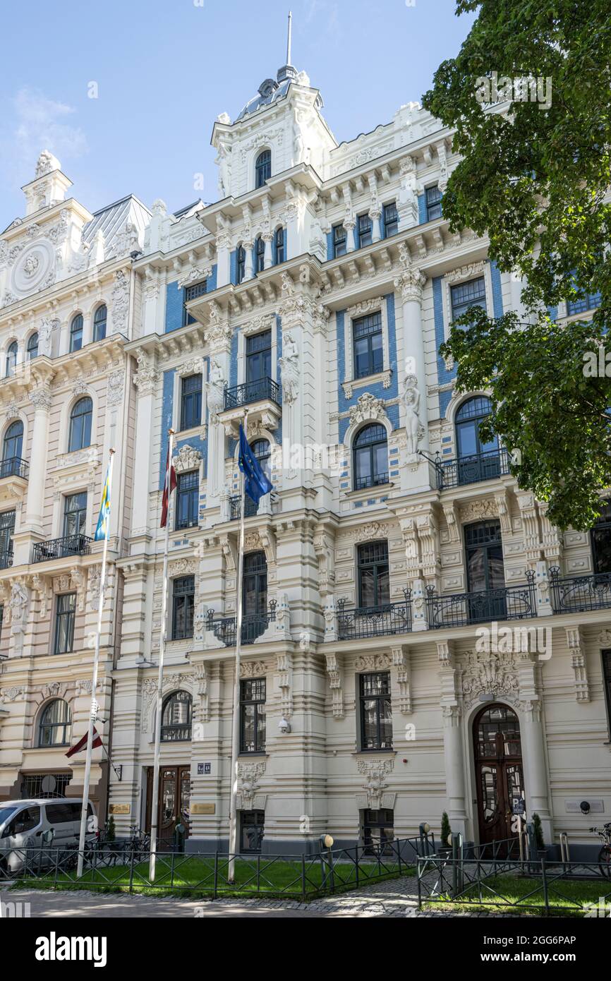 Riga, Latvia. 22 August 2021.  Outdoor view of the Swedish embassy building in the city center Stock Photo