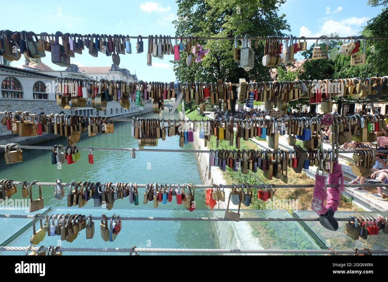 Butchers' Bridge, with lovers' padlocks, River Ljubljanica, Ljubljana Slovenia Stock Photo
