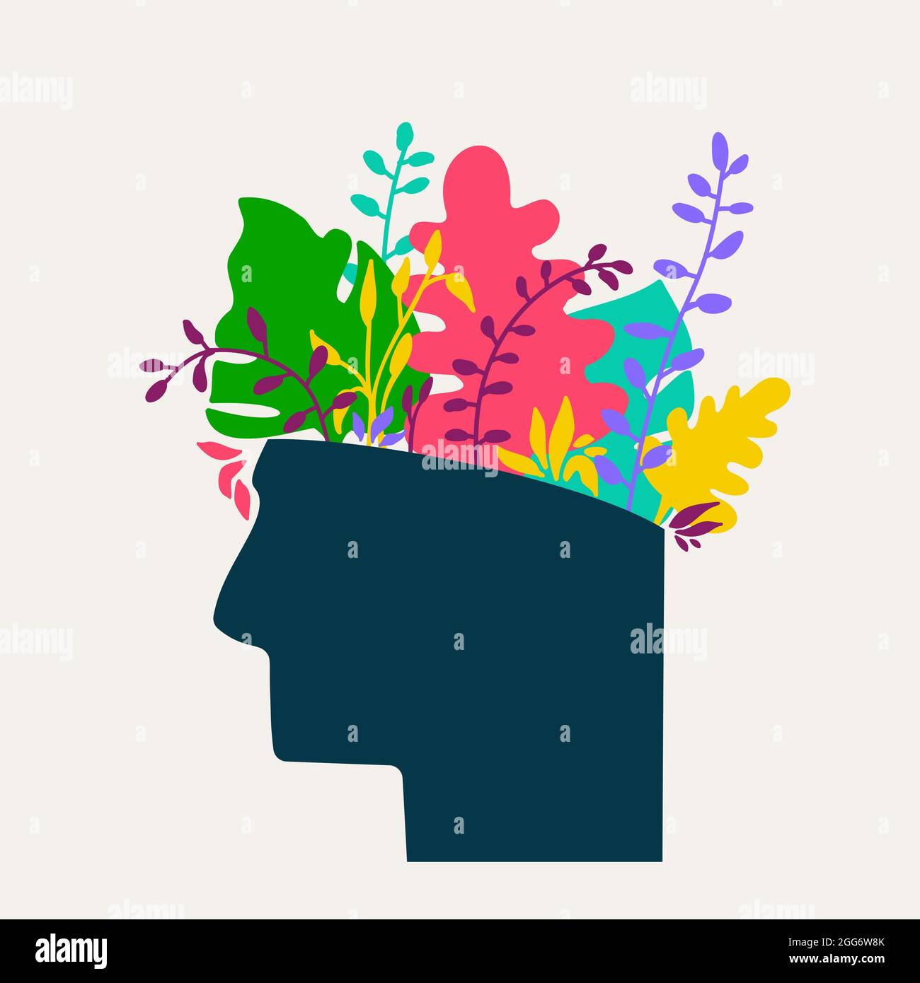 Mental health concept. Abstract image of head with flowers inside
