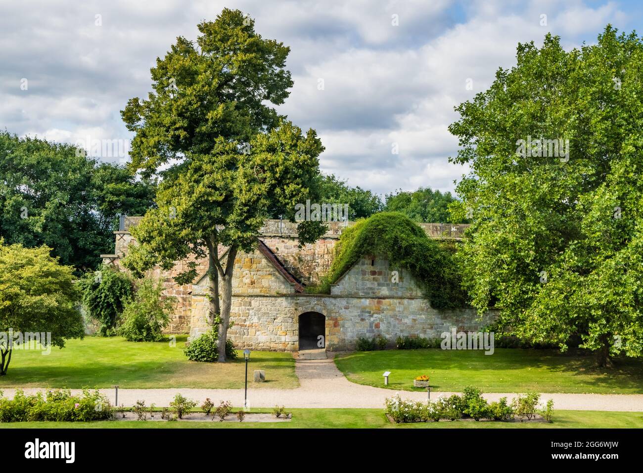 Bad Bentheim, Germany - August 25, 2021: Entrance of Bentheim Castle in Nordrhine Westfalen in Germany, Largest hilltop castle in northwestern Germany, Stock Photo