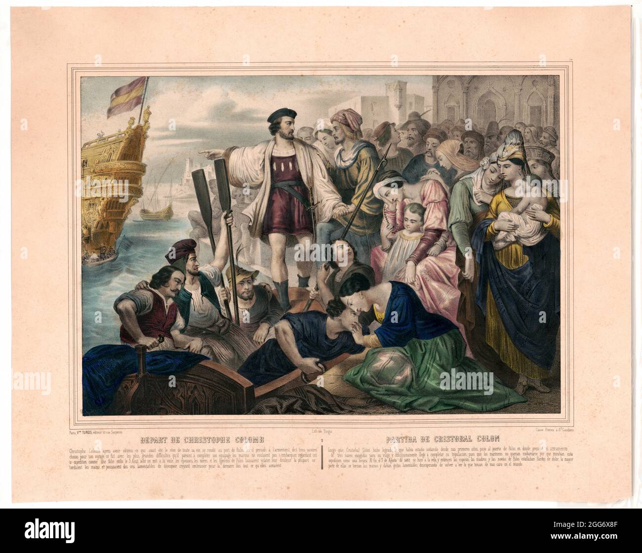 Christopher Columbus and his crew leaving the port of Palos, Spain, for the New World; crowd of well wishers looks on.  Picture 2 in a series of 4 digitally restored  Title: Depart de Christophe Colomb / lith. de Turgis ; Casse freres a St. Gaudens. Date Created/Published: Paris : Vve. Turgis, editeur, [between 1850 and 1900] Medium: 1 print : lithograph, color. Stock Photo