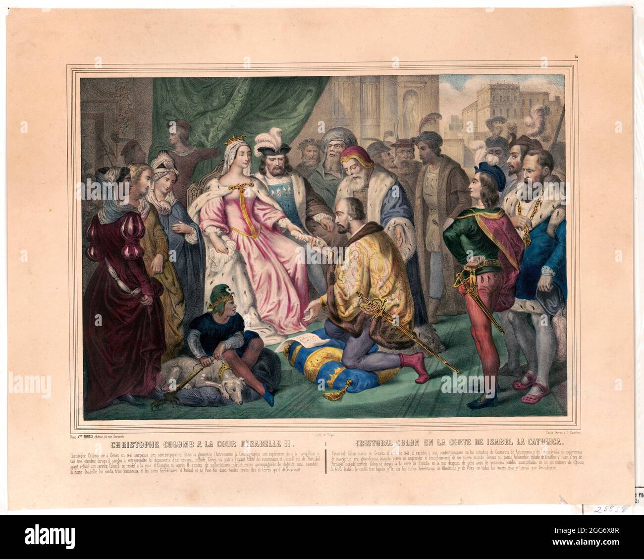 Christopher Columbus kneeling in front of Queen Isabella I. (before his embarkation) Picture 1 in a series of 4 digitally restored  Title: Christophe Colomb a la cour d'Isabelle II / Pairs, Vve. Turgis ; Lith. de Turgis. Date Created/Published: [184-?] Medium: 1 print : lithograph, color. Stock Photo