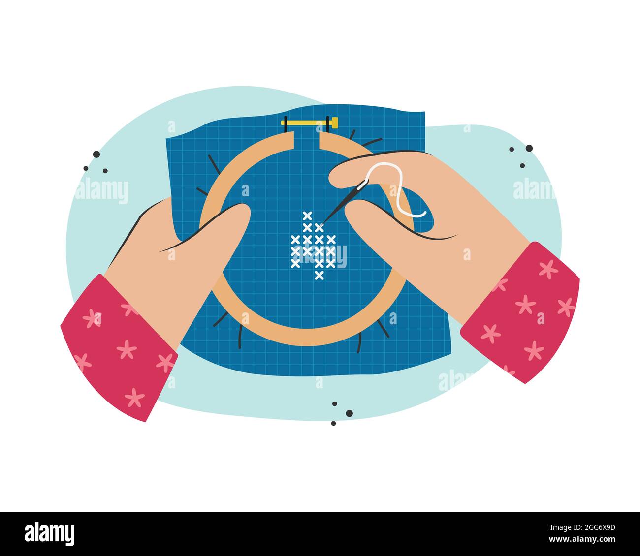 Cross stitch on the fingers. Creative activity. Stock Vector