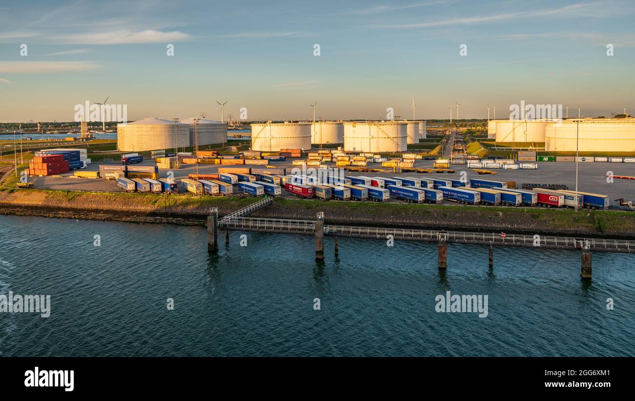Rotterdam, South Holland, Netherlands - May 13, 2019: Industry and the ferry terminal in the Beneluxhaven of Europoort Stock Photo