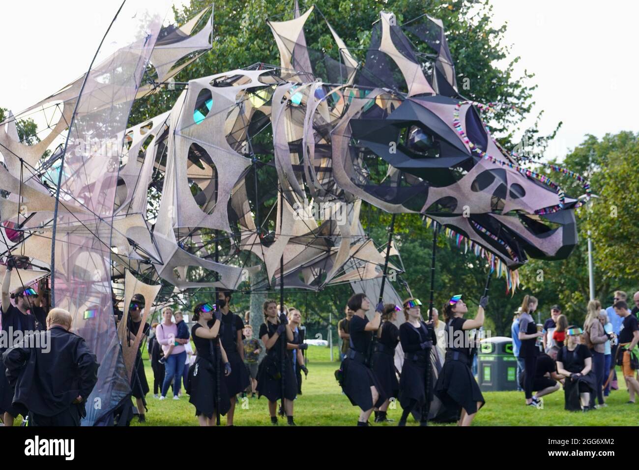 Plymouth, UK. 29th July, 2021. “The Hatchling” a puppet dragon, and