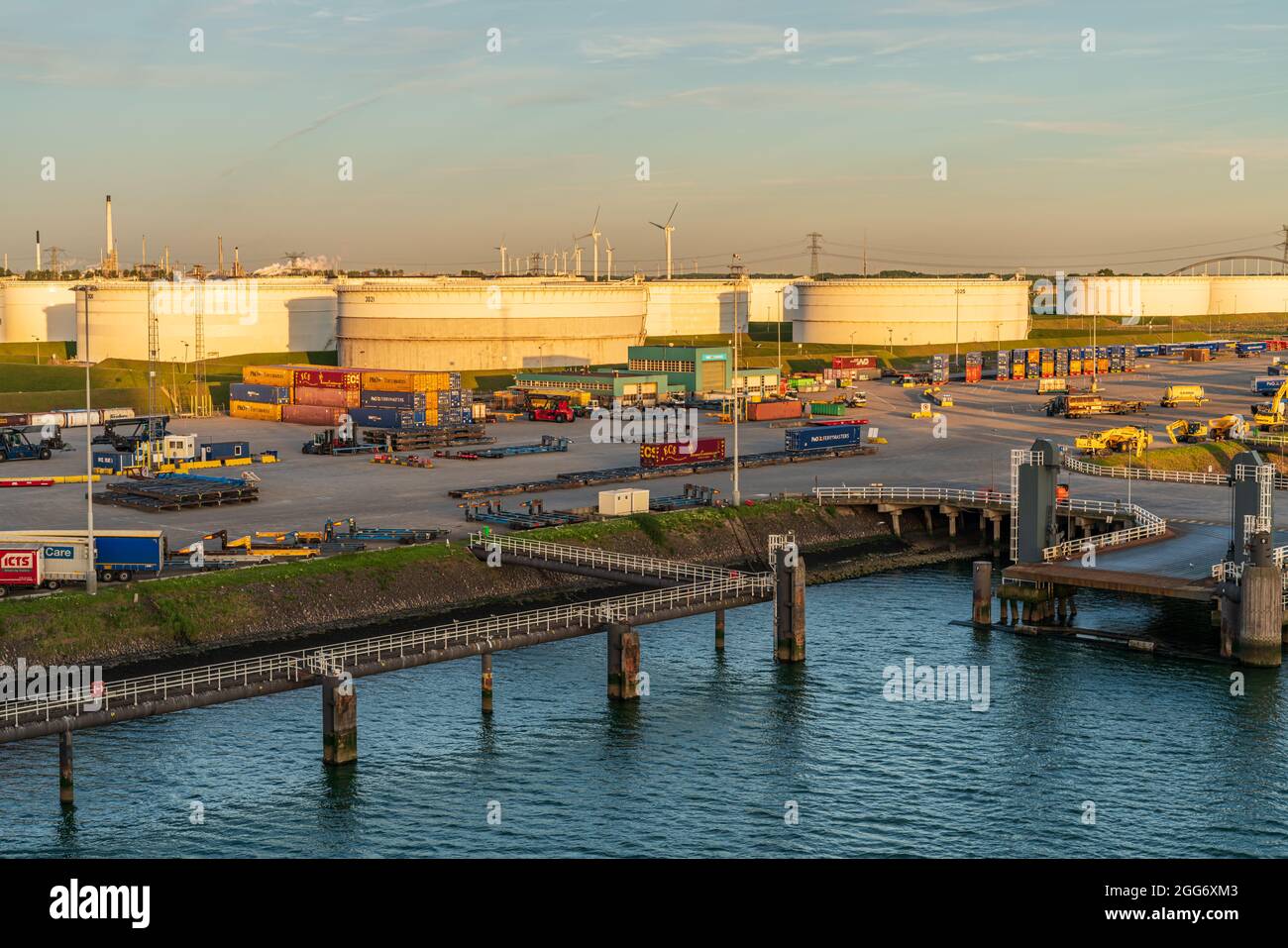 Rotterdam, South Holland, Netherlands - May 13, 2019: Industry and the ferry terminal in the Beneluxhaven of Europoort Stock Photo