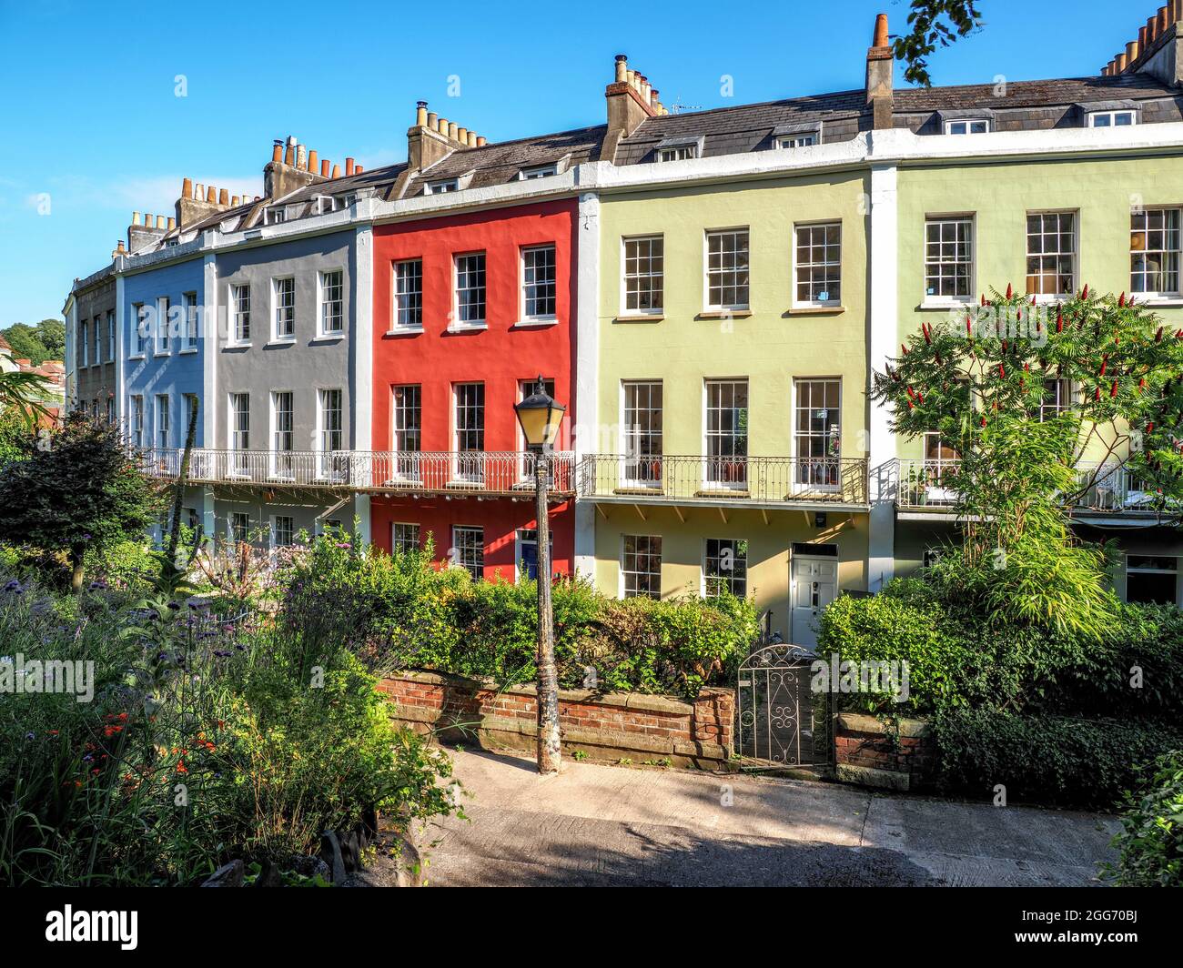 Colourful frontages of The Polygon a crescent of twelve elegant houses in Clifton Wood Bristol UK Stock Photo