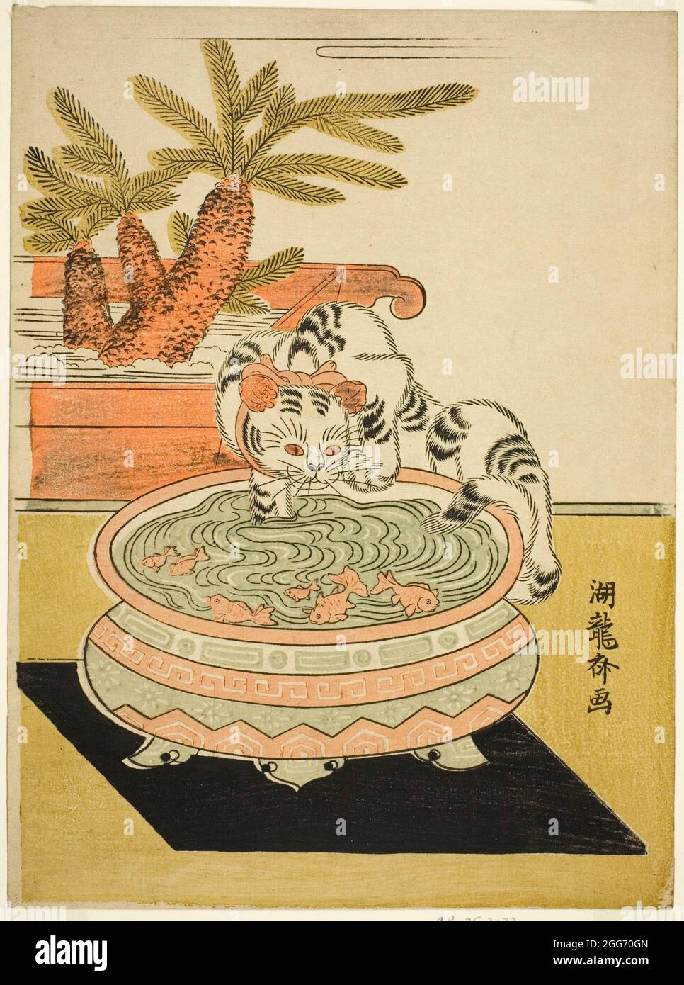 Cat Pawing at Goldfish 1770s by Isoda Koryusai (Japanese, 1735-1790) Stock Photo