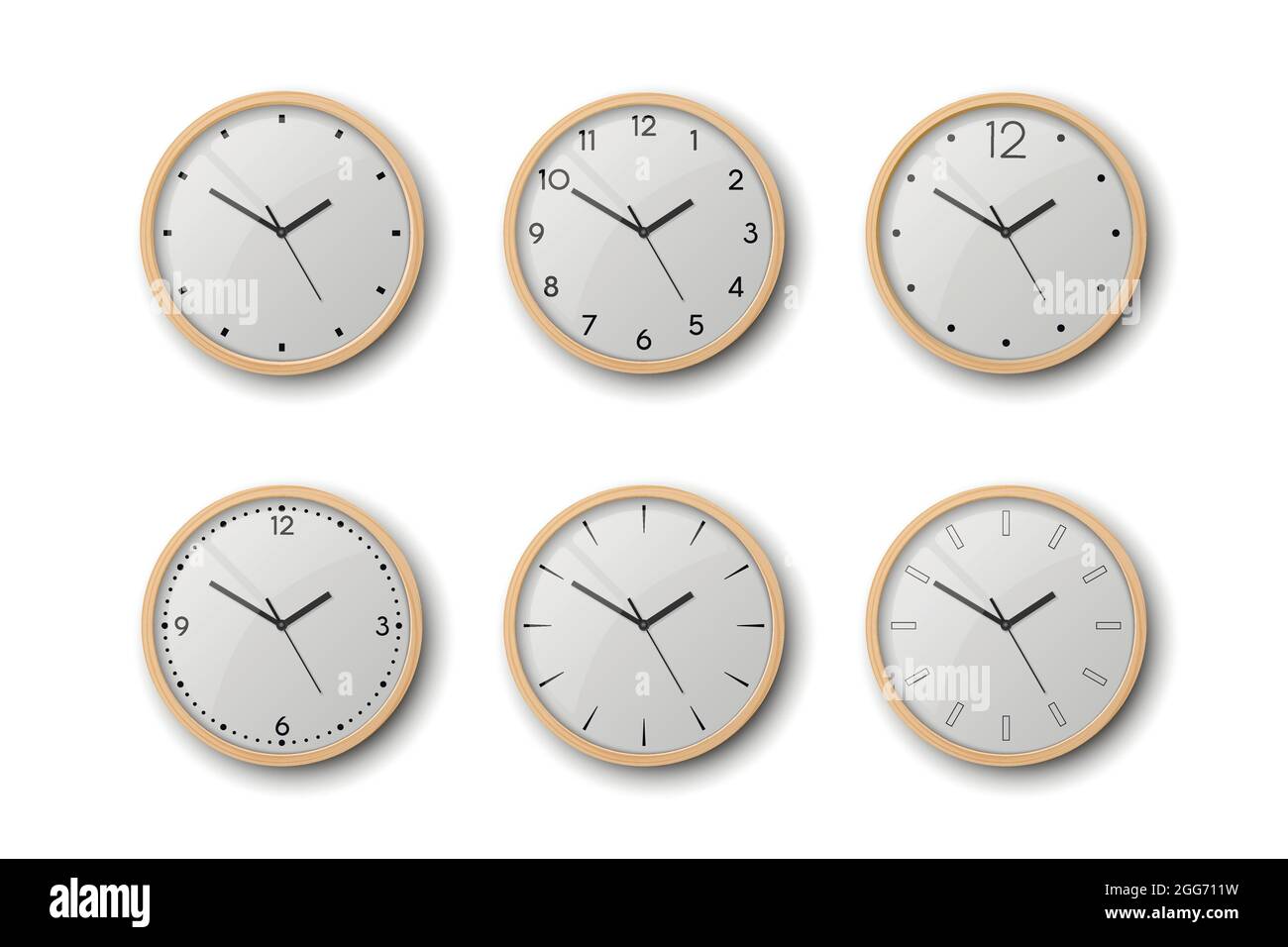 Vector 3d Realistic Brown Wooden Wall Office Clock Icon Set Isolated on ...