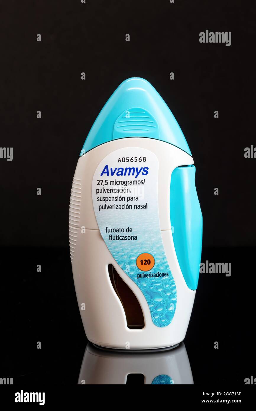 Huelva, Spain - August 28, 2021: Spanish box of fluticasone furoate brand  Avamys. It is a steroid nasal spray for cold-like symptoms caused by  allergi Stock Photo - Alamy