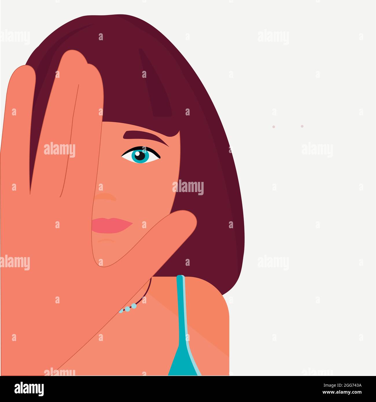 The woman shows with a gesture to stop psychological and physical abuse. The concept of protecting the rights of girls. Vector flat Stock Vector