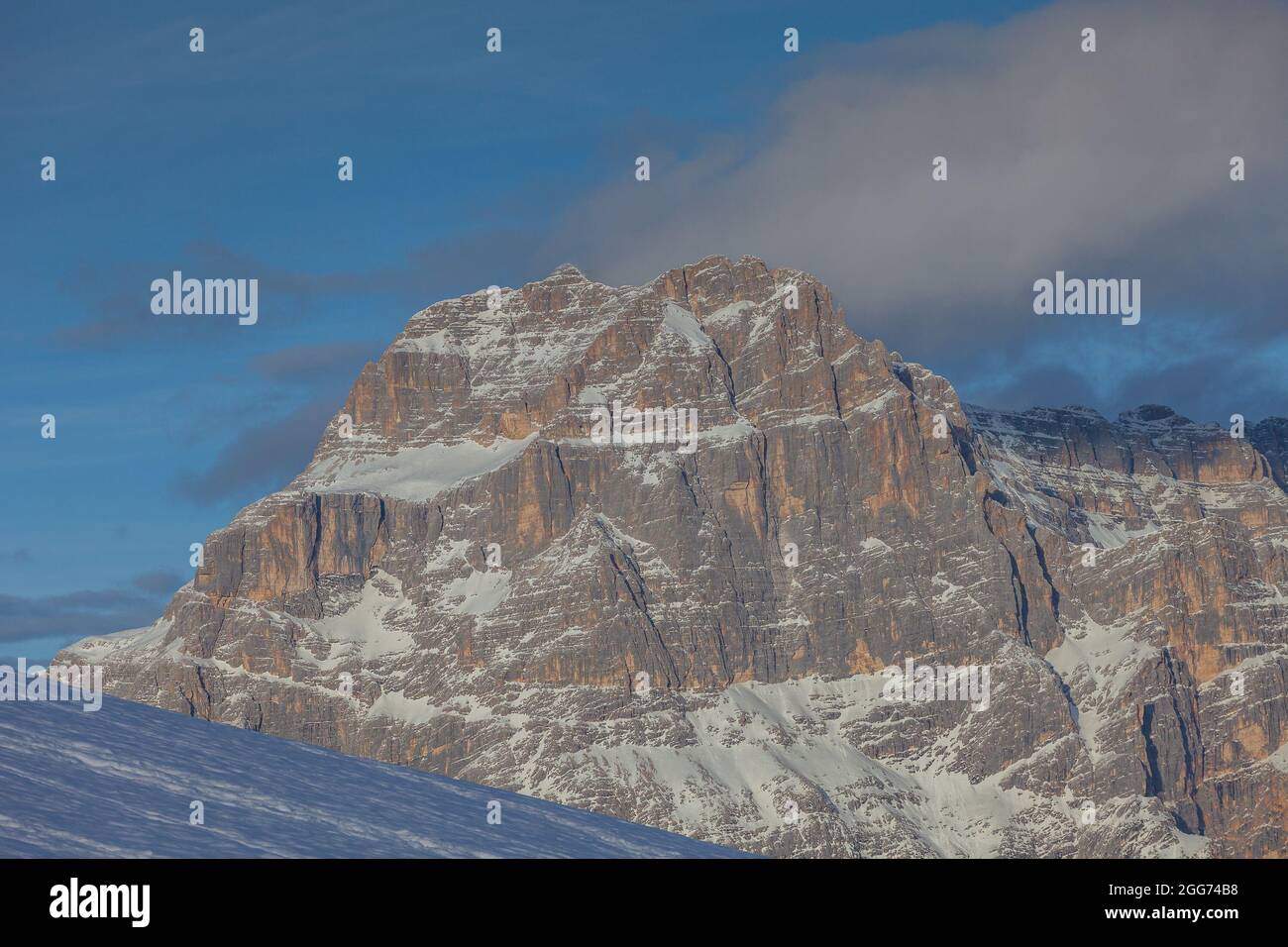 Beautiful and majestic western face of Mount Sorapiss at sunset in winter Stock Photo
